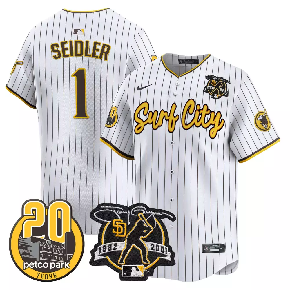 Peter Seidler Pinstripe Padres Tony Gwynn 20th Patch Vapor Premier Jersey V3 | Limited Edition Stitched Fan Gear | For Men, Women & Youth