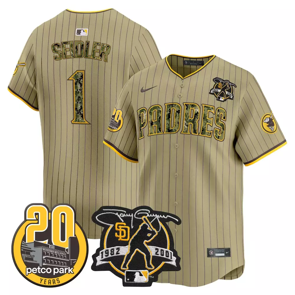 Peter Seidler Tan Padres Tony Gwynn 20th Patch USMC Vapor Premier Jersey V2 | Limited Edition Stitched Fan Gear | For Men, Women & Youth