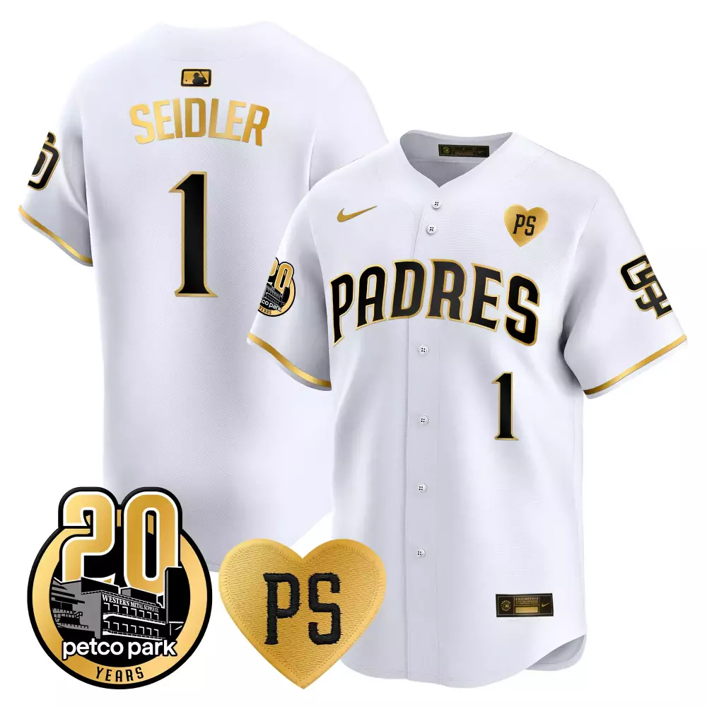 Peter Seidler 2024 San Diego Padres White Gold Men's Jersey | Petco Park 20th Patch | Limited Edition Vapor Premier | For Men, Women & Youth