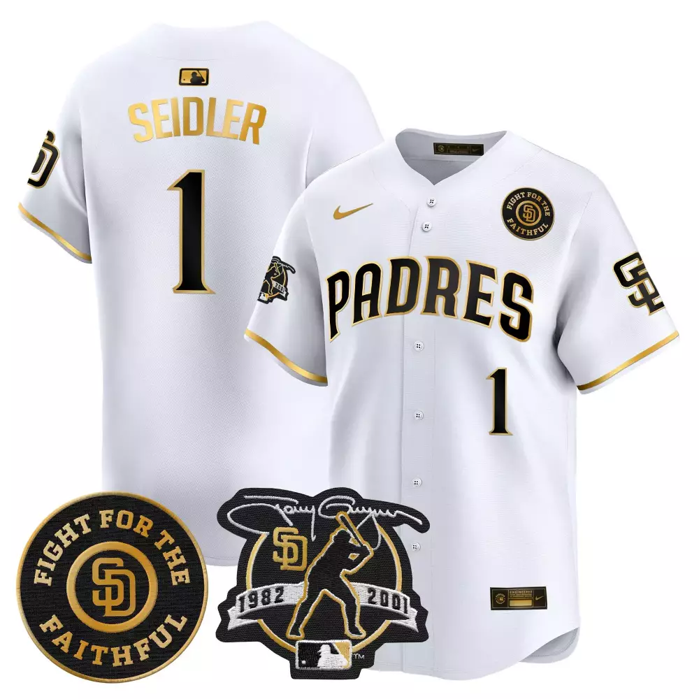 Peter Seidler 2024 San Diego Padres White Gold Men's Jersey | Petco Park 20th Patch | Limited Edition Vapor Premier | For Men, Women & Youth