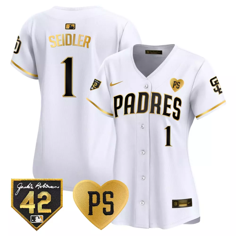 Peter Seidler 2024 San Diego Padres White Gold Women's Jersey | For Peter Robinson Patch | Limited Edition Vapor Premier | For Men, Women & Youth