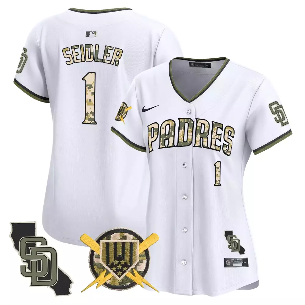 Peter Seidler White Women's Padres Armed Forces Day Jersey | Stitched Vapor Premier Limited Edition | Fan Gear for Men, Women & Youth