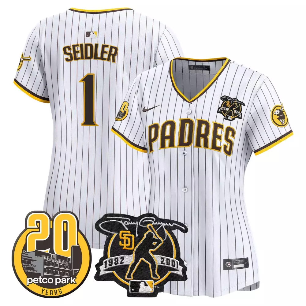 Peter Seidler White Women's Padres Tony Gwynn Petco Park 20th Patch Jersey | Stitched Vapor Premier Limited Edition | Fan Gear for Men, Women & Youth