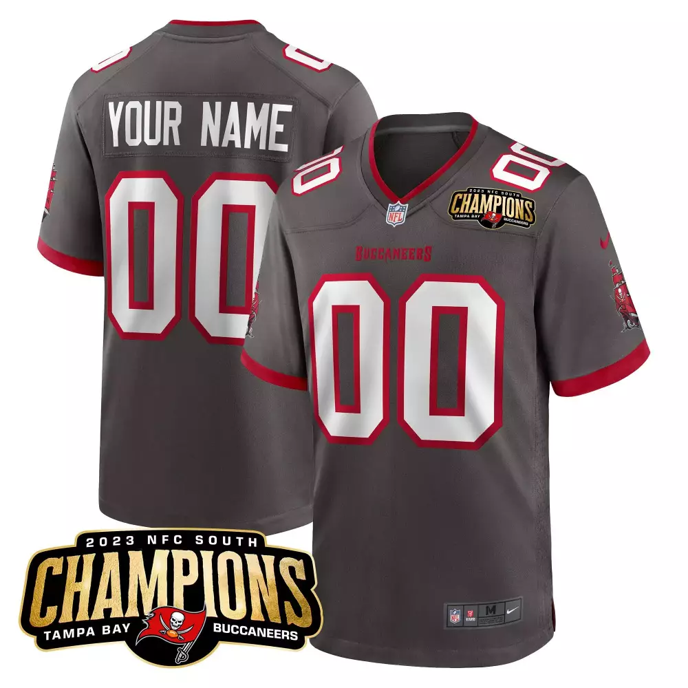 pewter youth tampa bay buccaneers 2023 nfc south champions patch game custom jersey all stitched