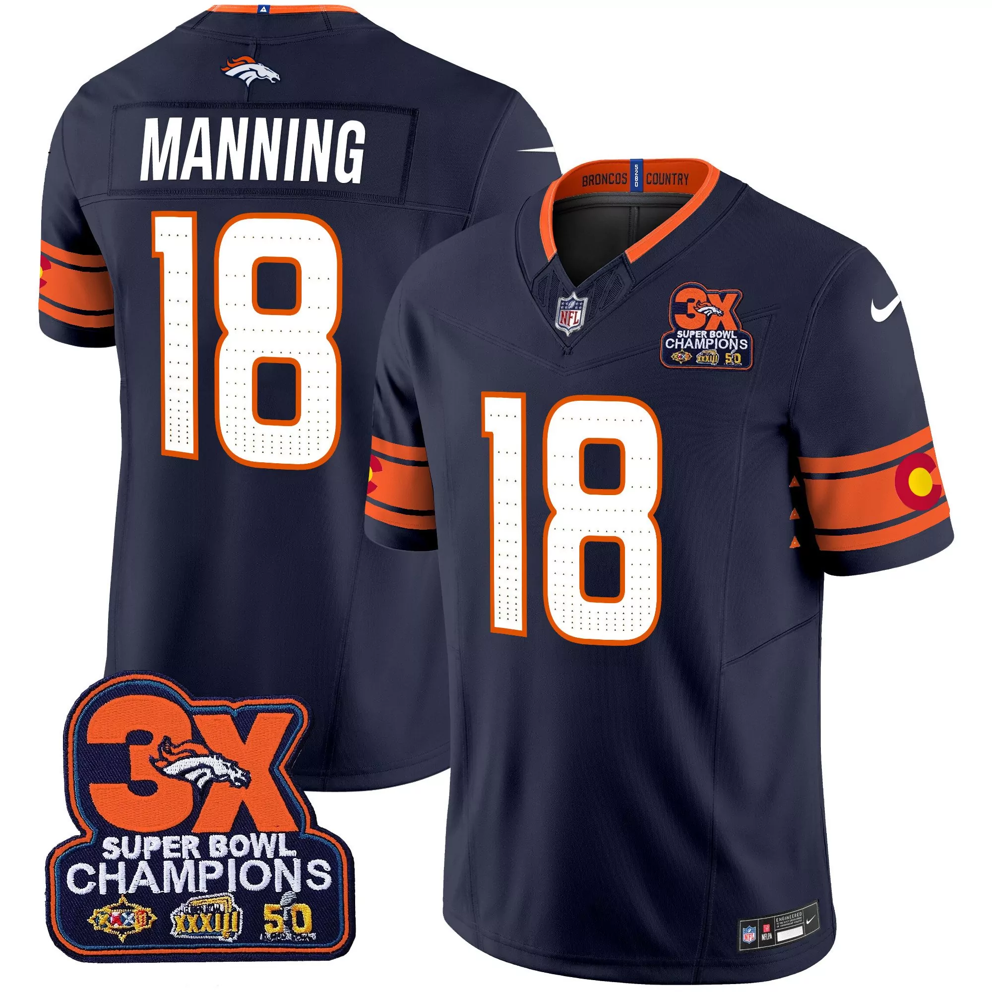 peyton manning navy mens denver broncos 3x patch colorado flag vapor limited jersey all stitched