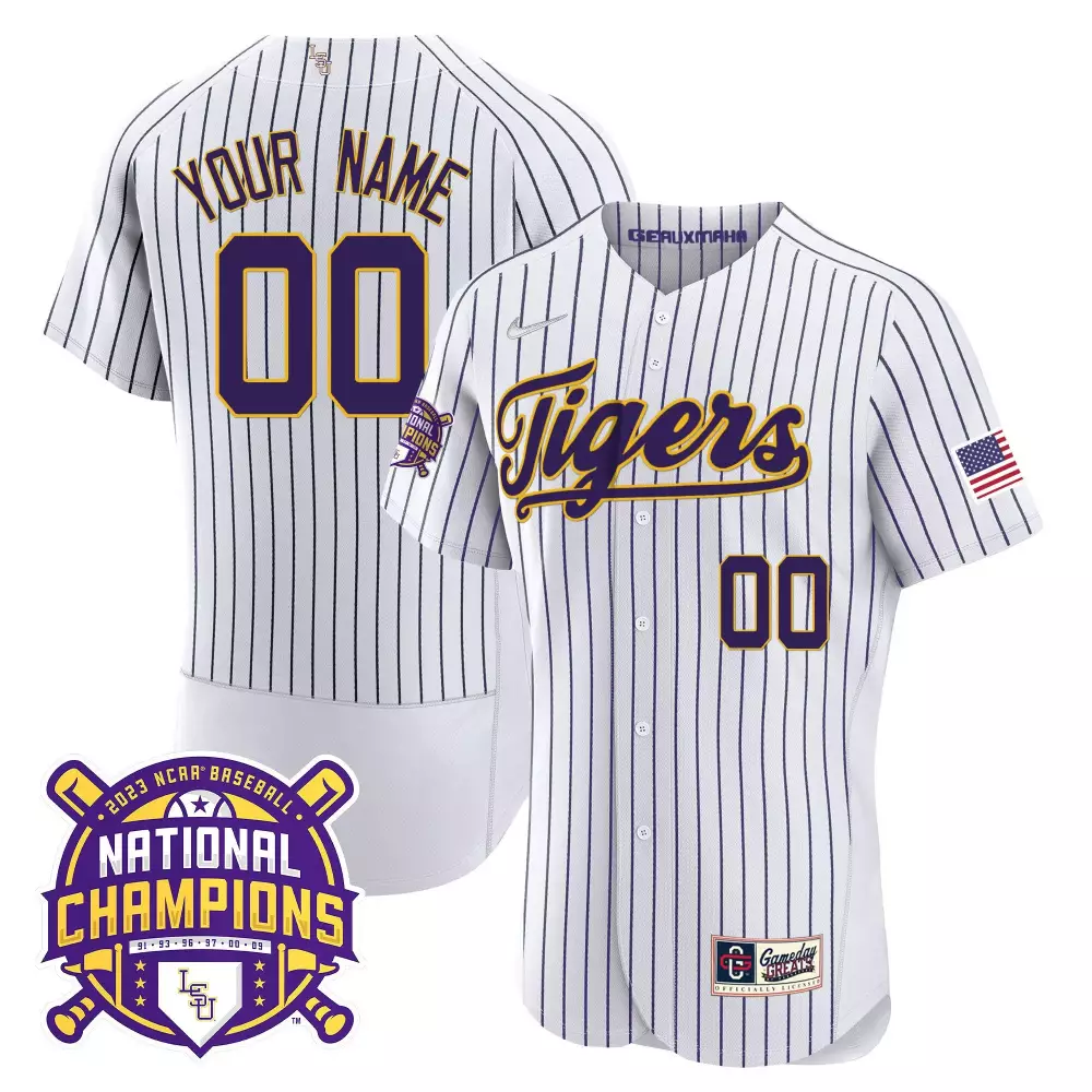 pinstripe men lsu tigers 2023 national champions gold cool custom jersey v5 all stitched