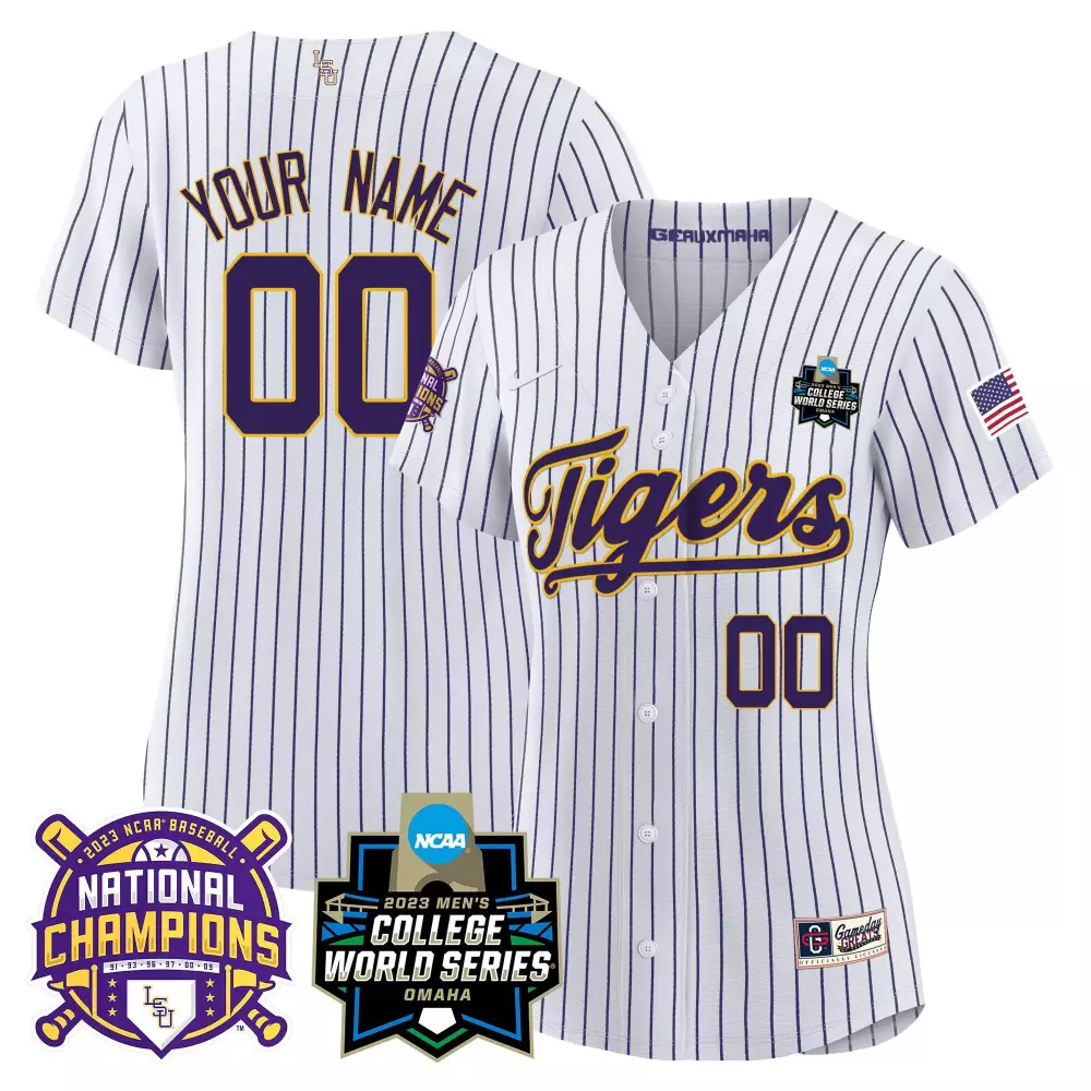 pinstripe men lsu tigers 2023 national champions gold cool custom jersey v5 all stitched