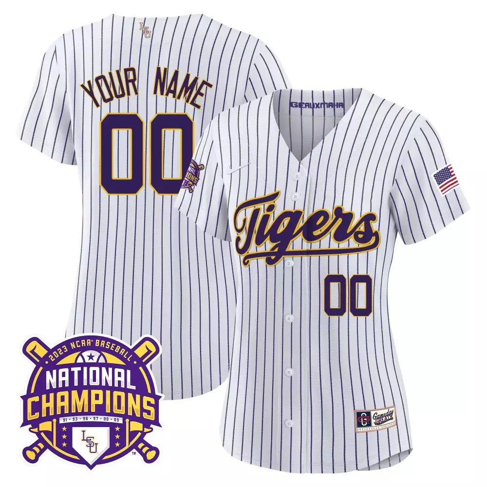 pinstripe women lsu tigers 2023 national champions gold flex custom jersey all stitched