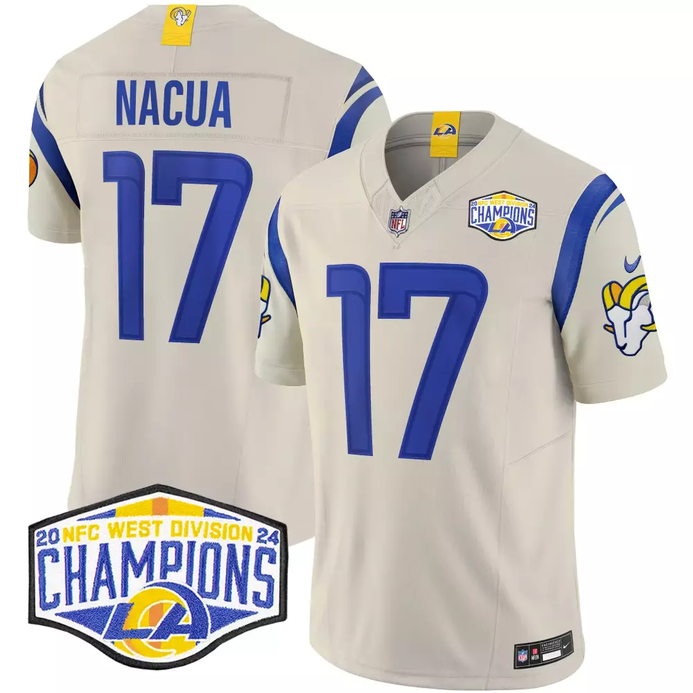 puka nacua bone mens los angeles rams 2024 nfc west division champions vapor limited jersey all stitched
