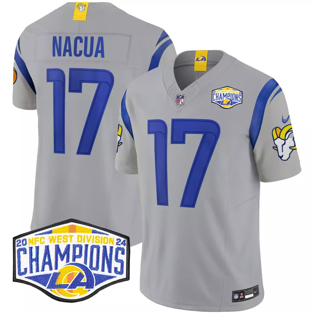 puka nacua gray mens los angeles rams 2024 nfc west division champions vapor limited jersey all stitched