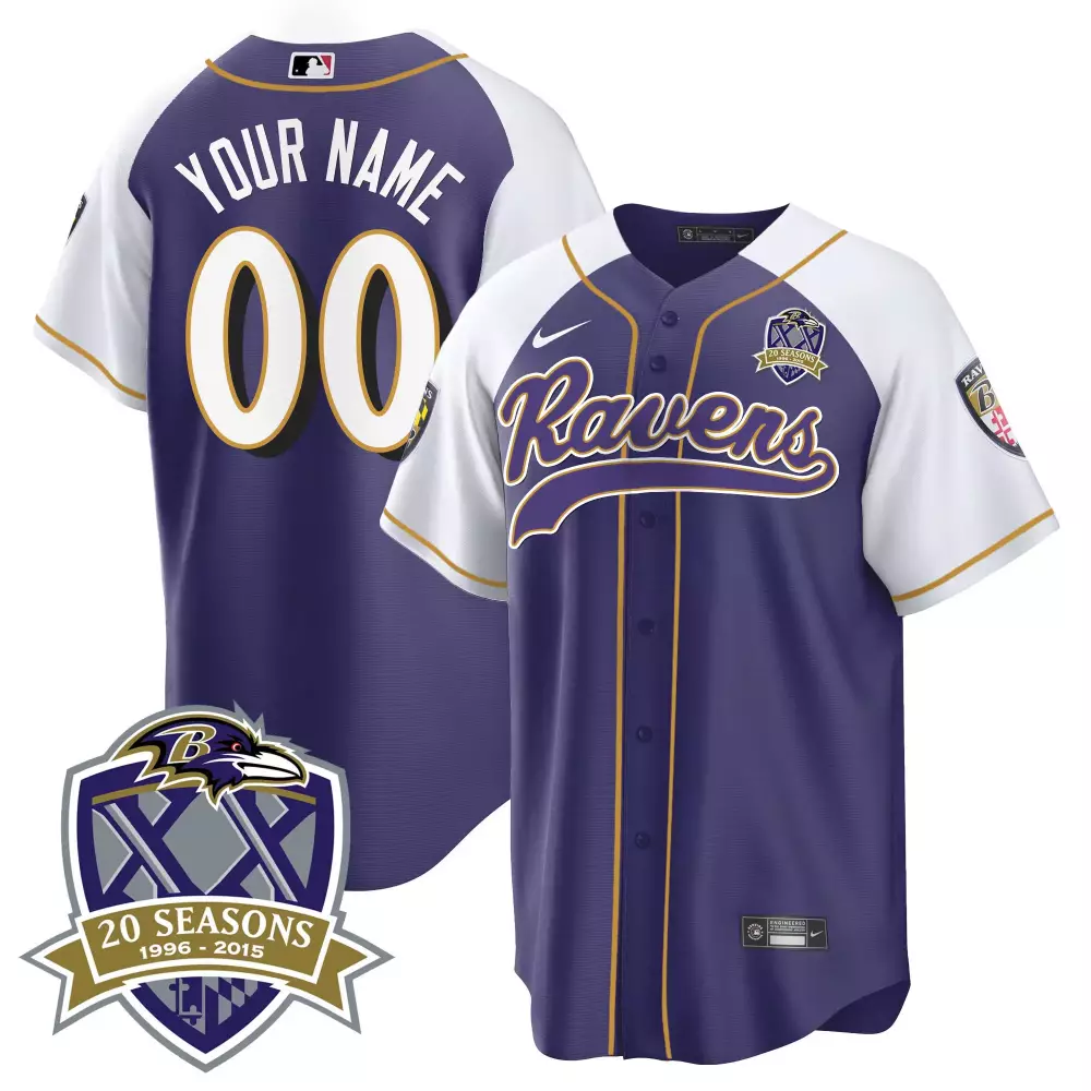 Purple Alternate Baltimore Ravens 20th Season Patch Baseball Custom Jersey | All Stitched | For Men, Women & Youth