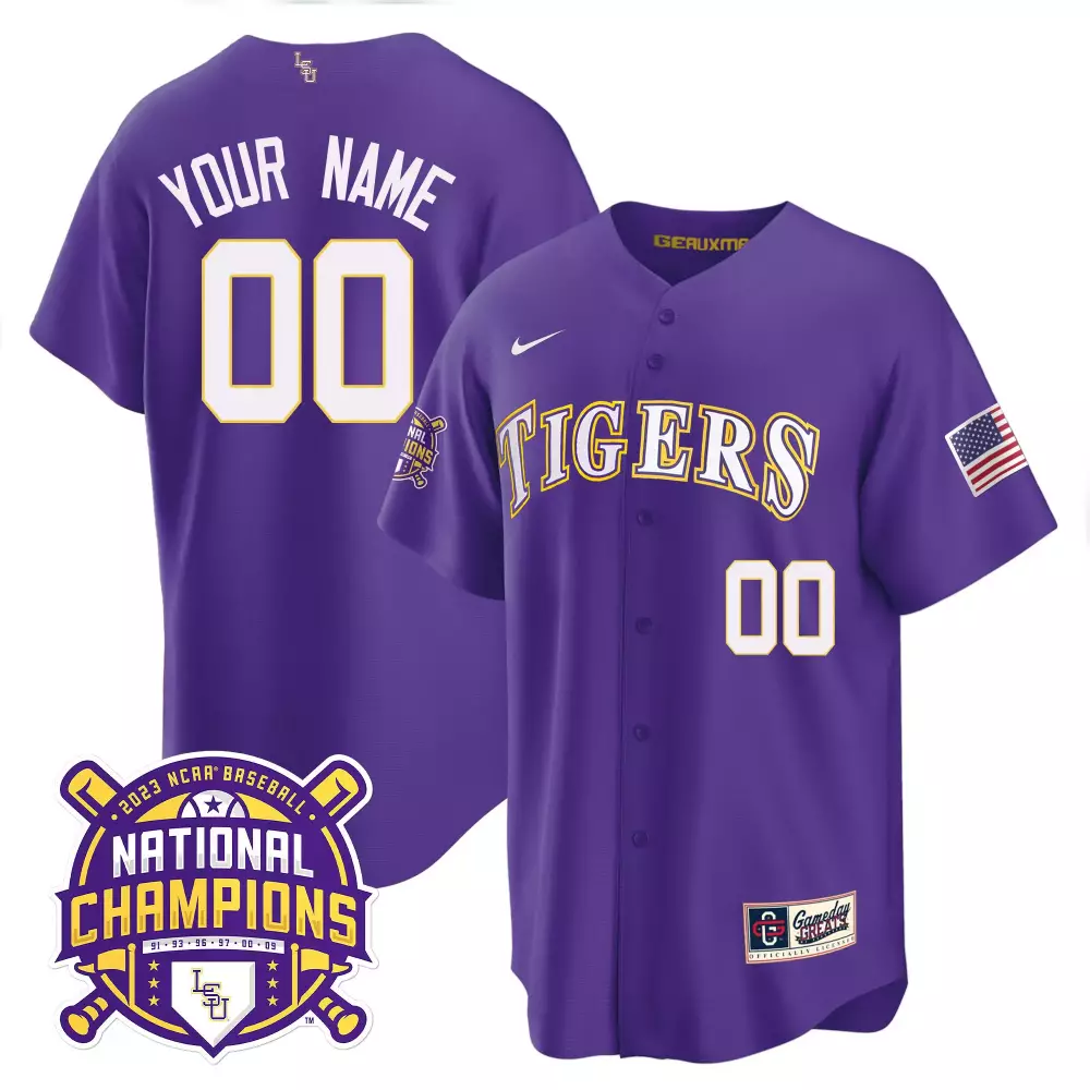 purple men lsu tigers 2023 national champions gold cool custom jersey all stitched