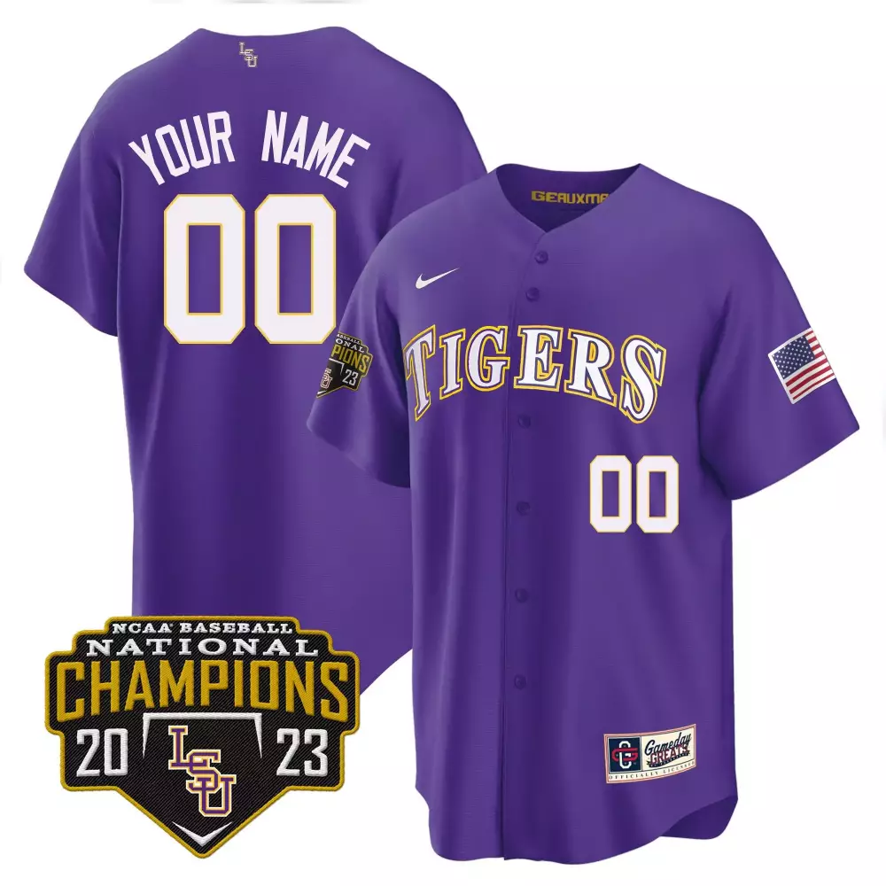 purple youth lsu tigers 2023 national champions gold cool custom jersey v5 all stitched