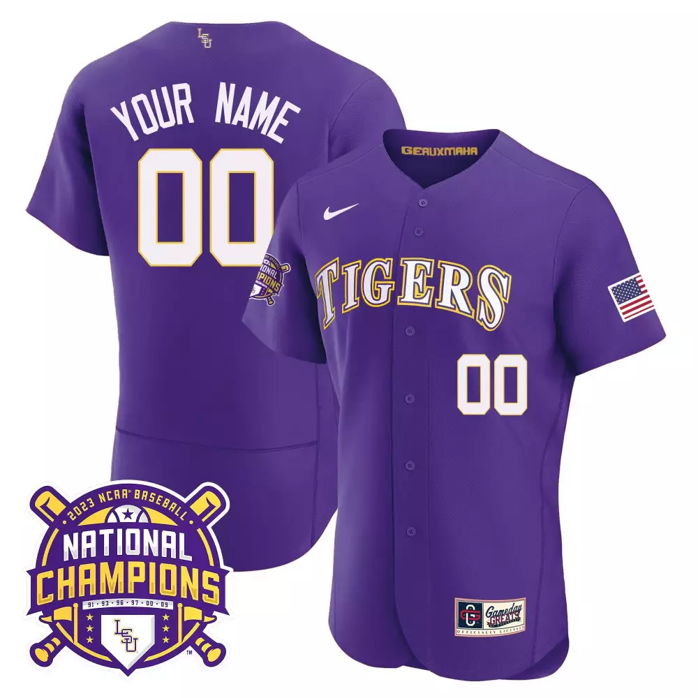purple youth lsu tigers 2023 national champions gold cool custom jersey v5 all stitched