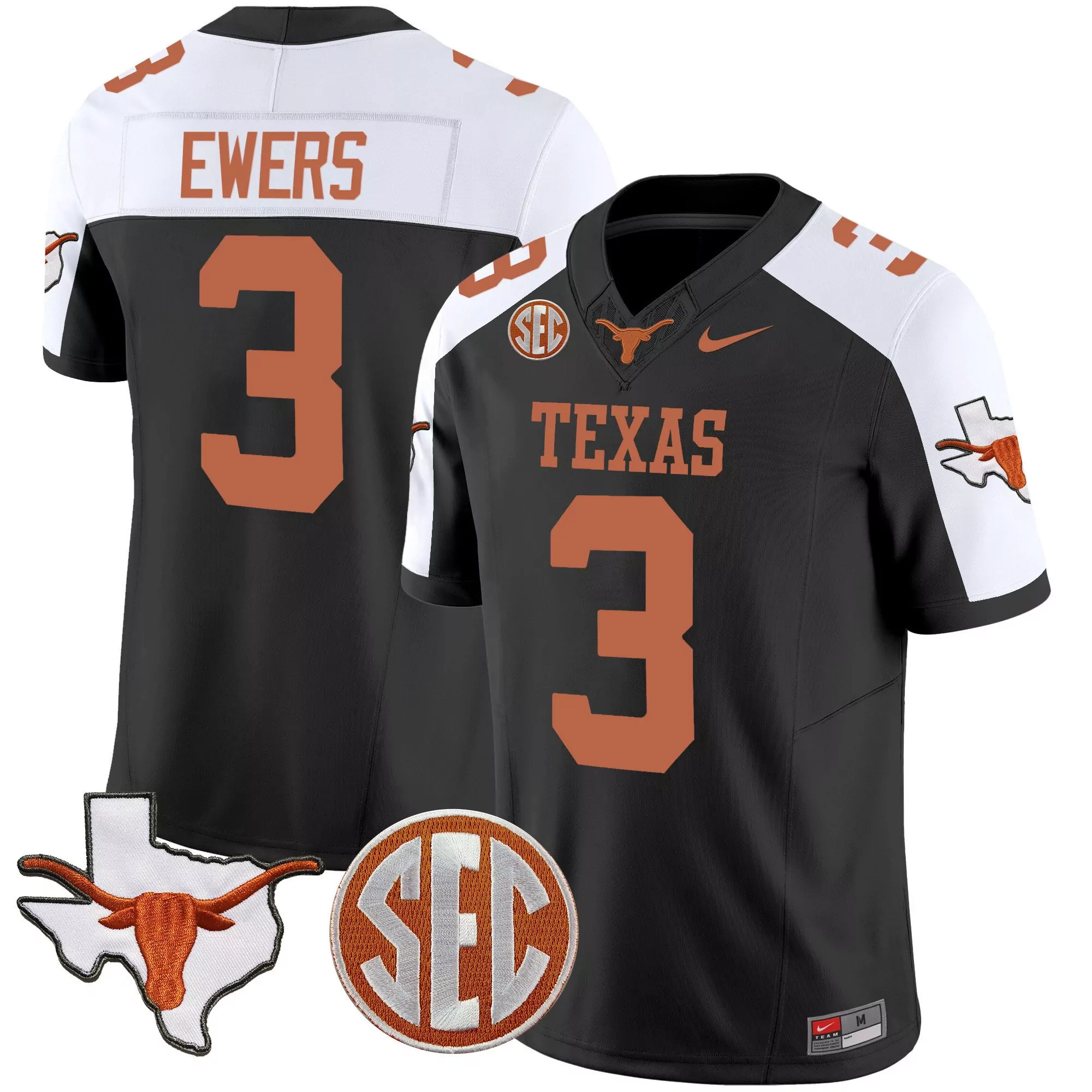 quinn ewers black alternate mens texas longhorns state map sec patch vapor jersey v2 all stitched