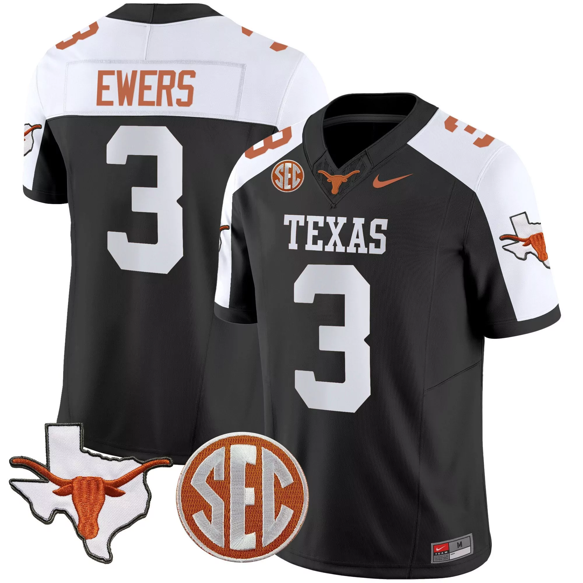 quinn ewers black alternate mens texas longhorns state map sec patch vapor jersey v2 all stitched