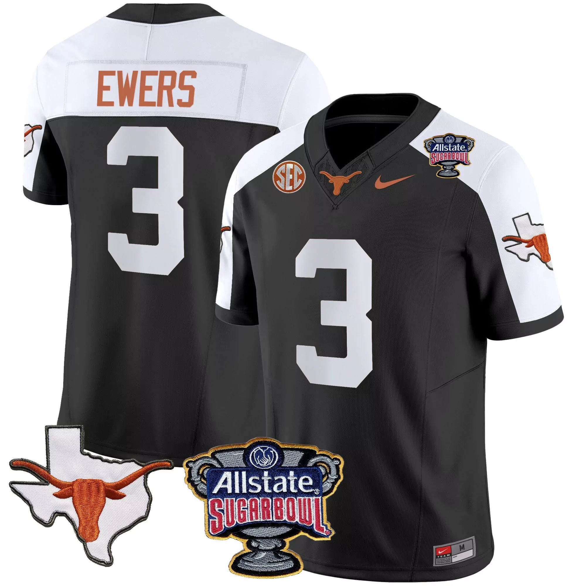 quinn ewers black alternate mens texas longhorns state map sec patch vapor jersey v2 all stitched