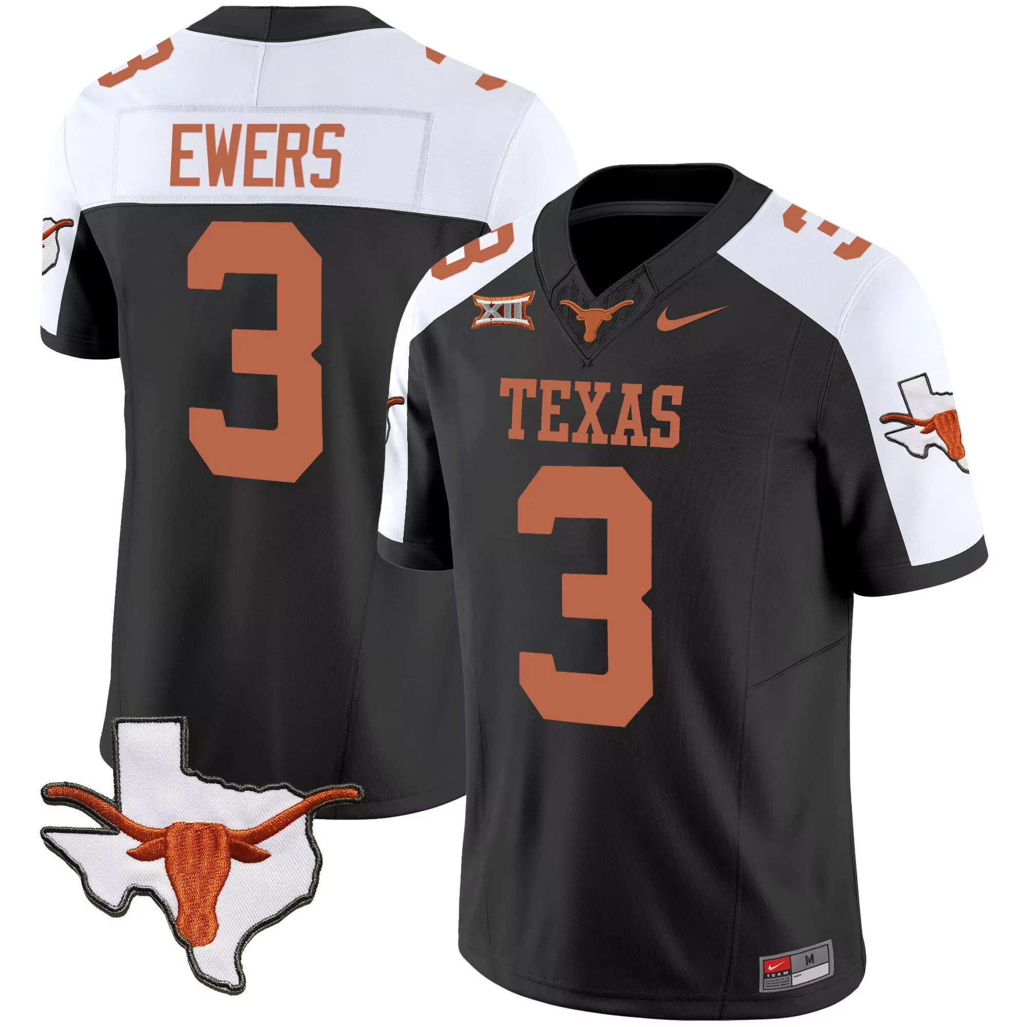 quinn ewers black alternate mens texas longhorns state map sec patch vapor jersey v2 all stitched