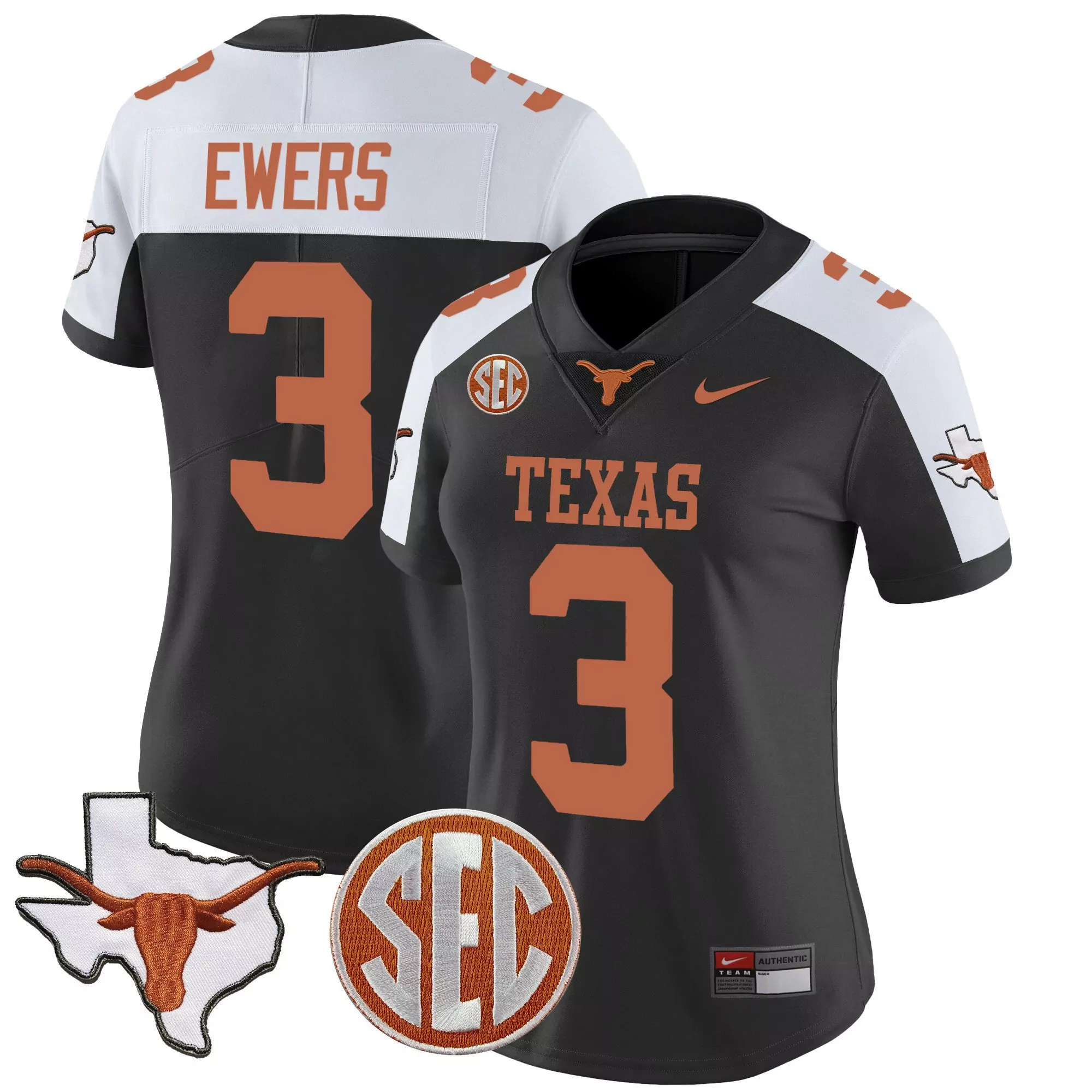 quinn ewers black alternate womens texas longhorns state map sec patch vapor jersey v2 all stitched