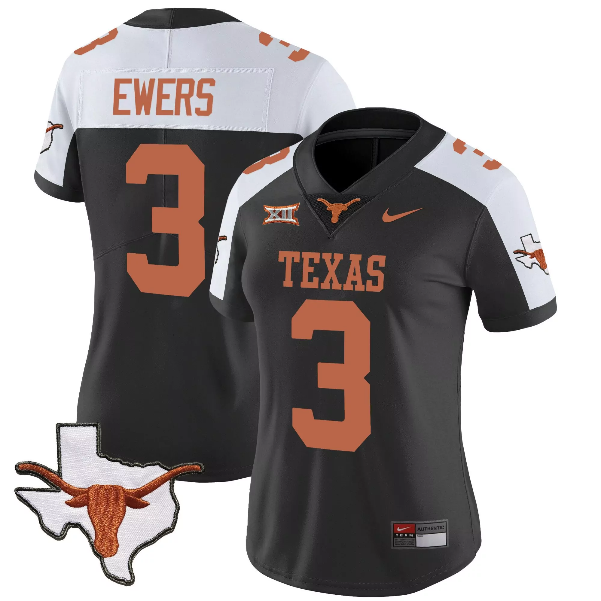 quinn ewers black alternate womens texas longhorns state map sec patch vapor jersey v2 all stitched