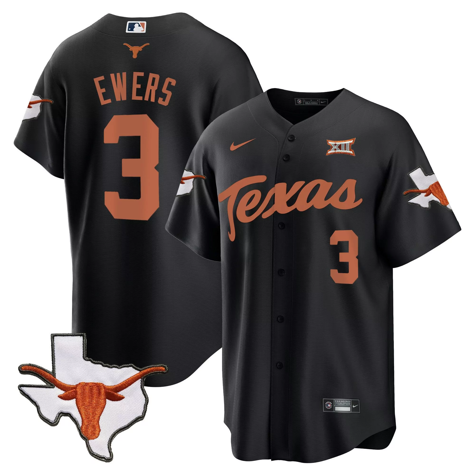 quinn ewers black mens texas longhorns baseball jersey all stitched