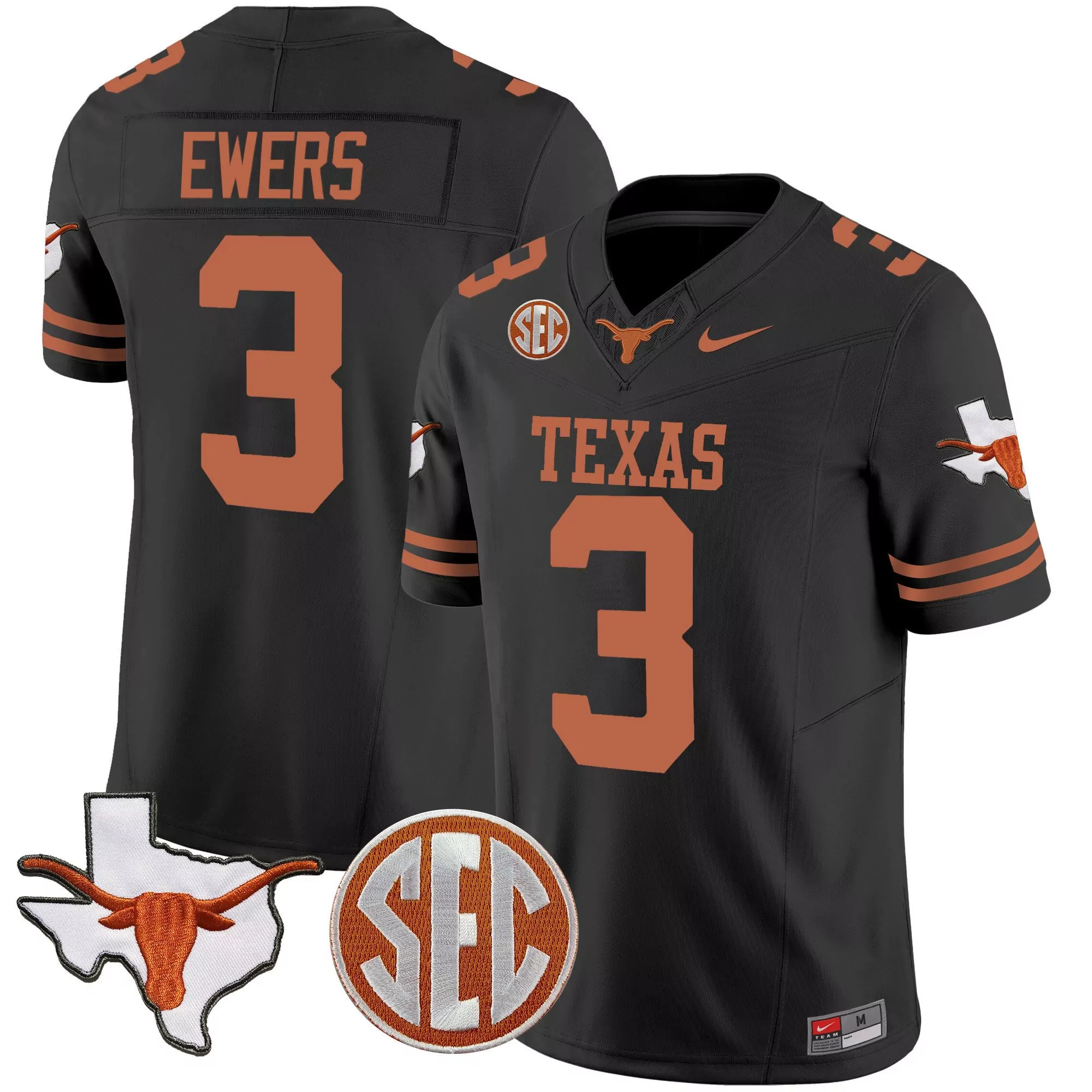 quinn ewers black mens texas longhorns state map sec patch vapor jersey v2 all stitched
