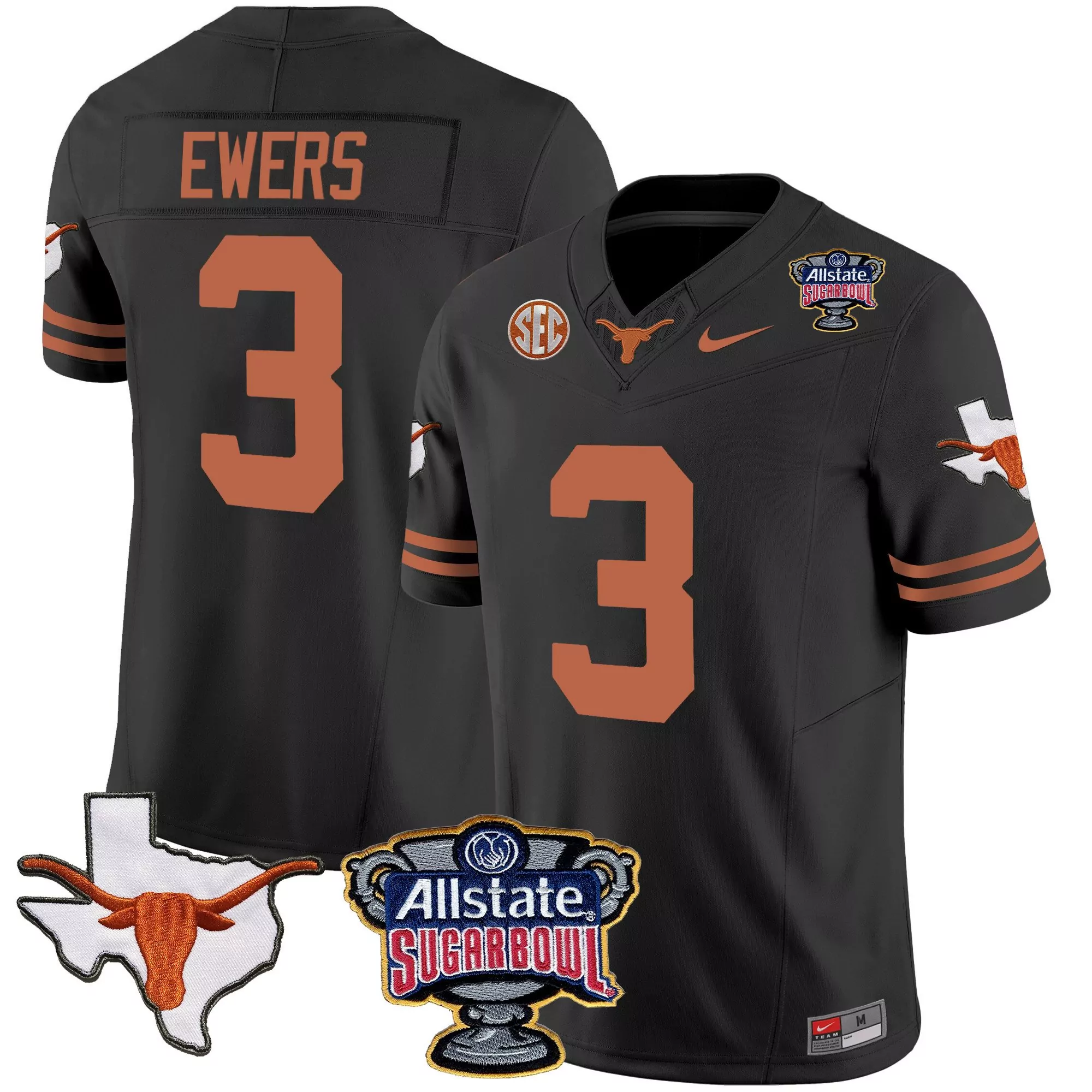 quinn ewers black mens texas longhorns state map sec patch vapor jersey v2 all stitched