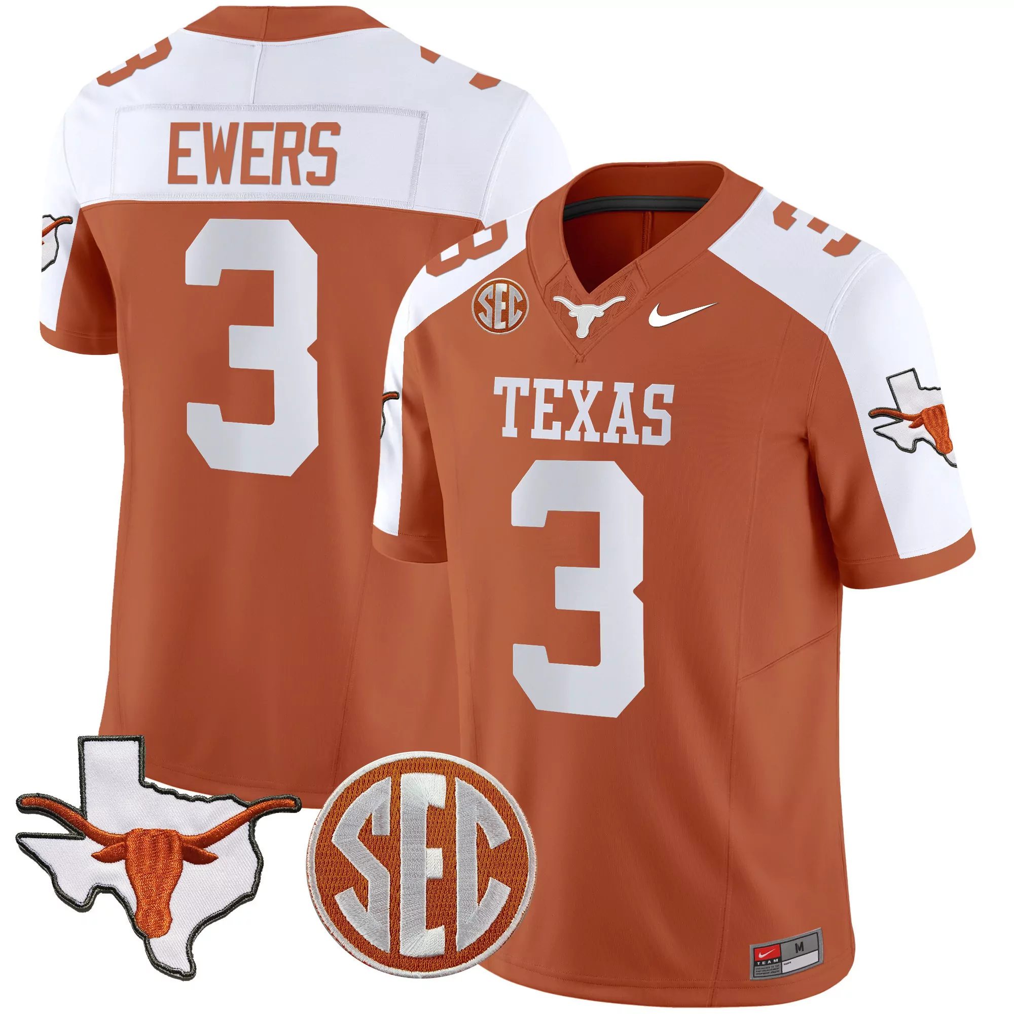 quinn ewers orange alternate mens texas longhorns state map sec patch vapor jersey v4 all stitched