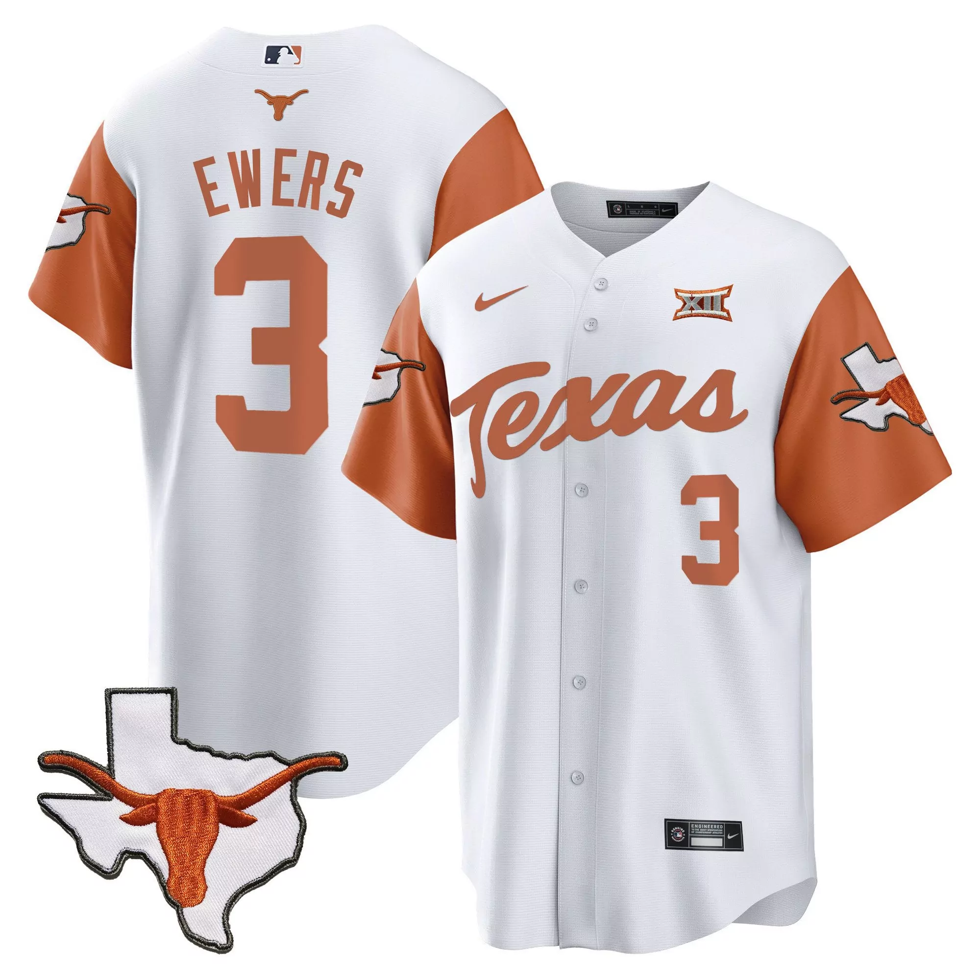 quinn ewers orange sleeves mens texas longhorns baseball jersey all stitched