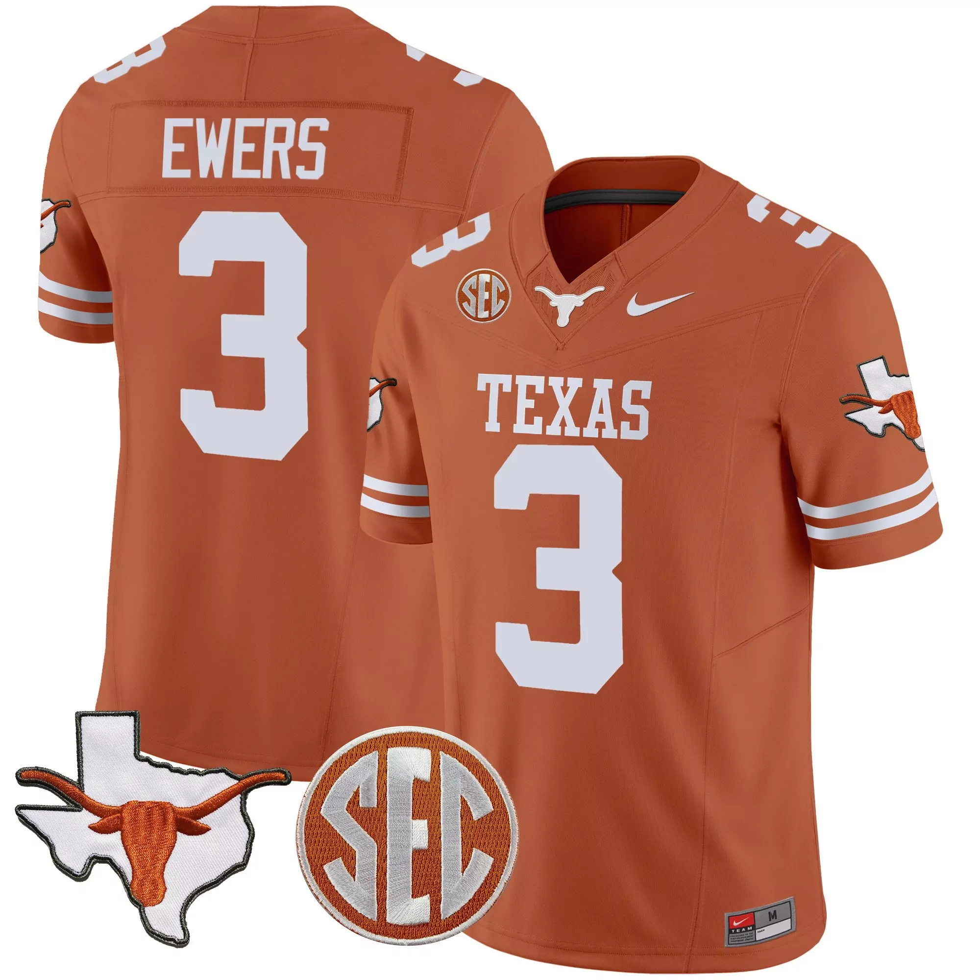 quinn ewers texas orange mens texas longhorns state map sec patch vapor jersey v2 all stitched