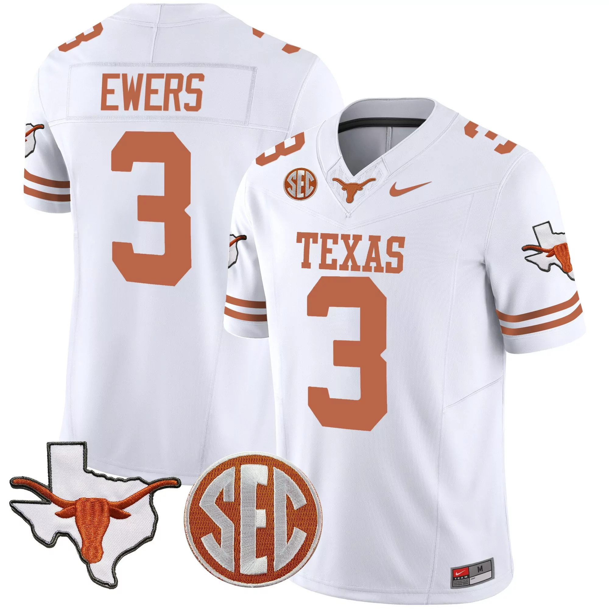 quinn ewers white mens texas longhorns state map sec patch vapor jersey v2 all stitched