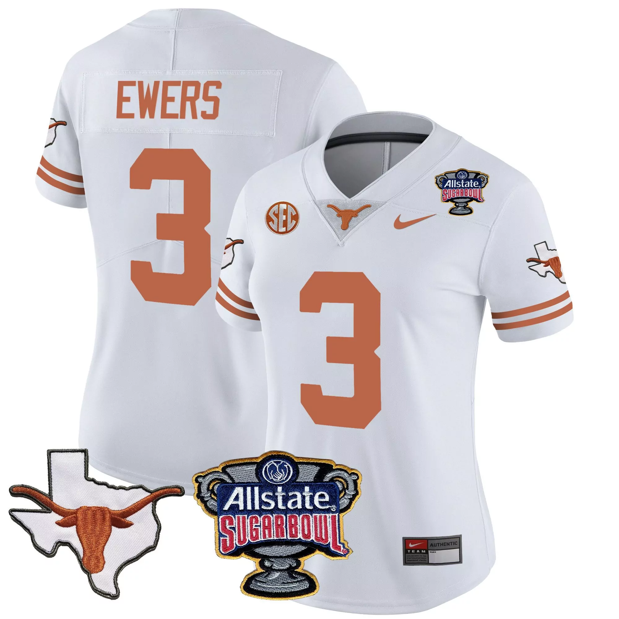 quinn ewers white womens texas longhorns sugar bowl sec patch vapor jersey all stitched