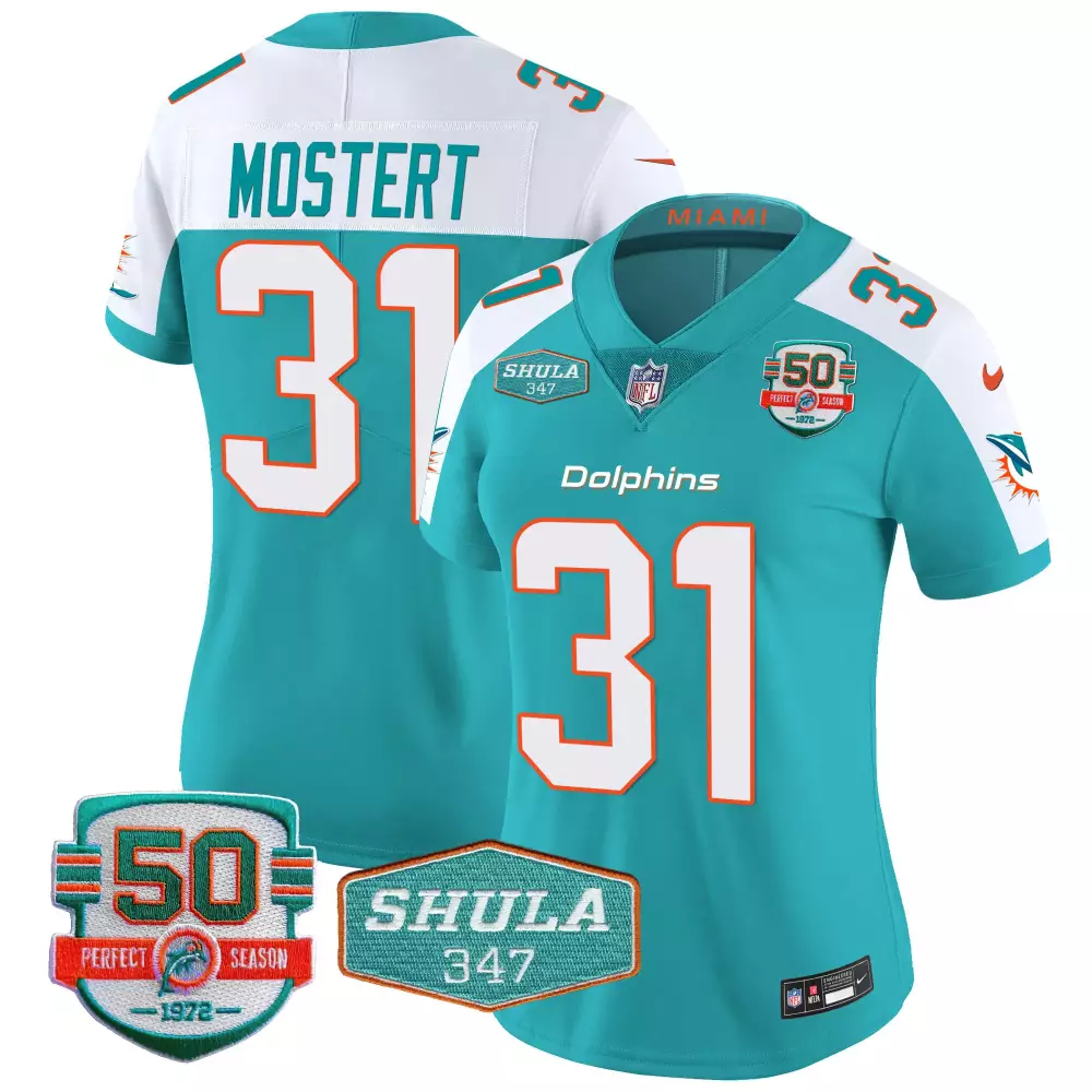 Raheem Mostert Aqua Alternate Women's Miami Dolphins Shula 347 Patch Vapor Jersey | All Stitched for Comfort | Fan Gear for All | For Men, Women & Youth