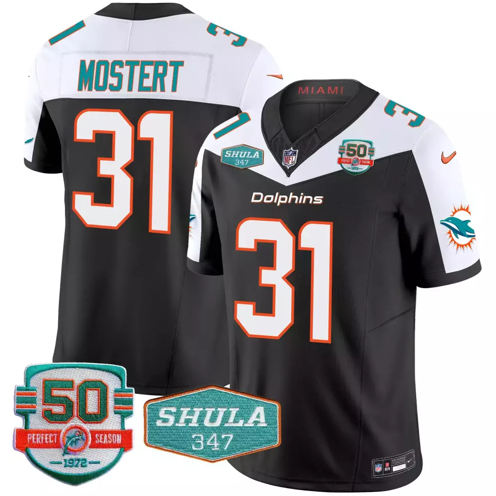 Mostert Miami Dolphins Black Alternate Throwback Jersey | Vapor Stitched | Shula 347 Patch | For Men, Women & Youth