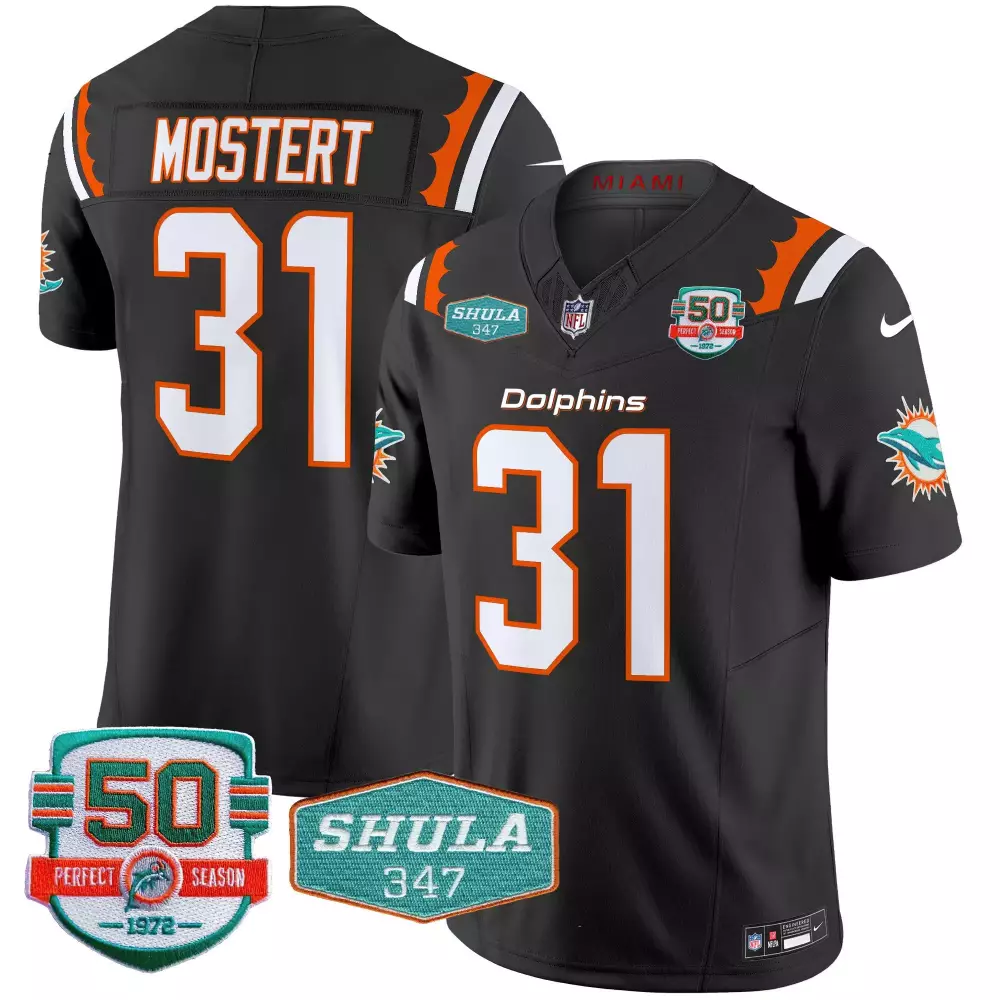 Raheem Mostert Black Men's Miami Dolphins 50th Don Shula 347 Memorial Patch Vapor Limited Jersey | Stitched Fan Gear | For Men, Women & Youth