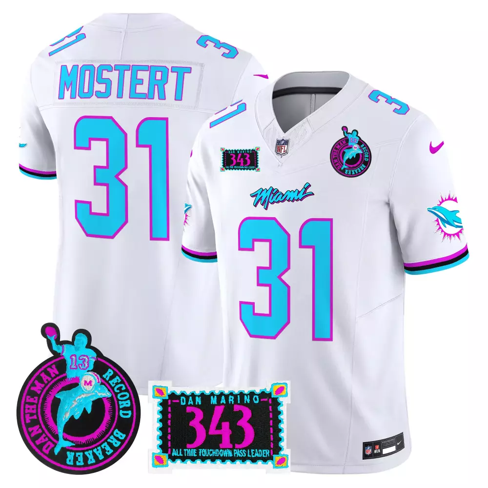 Raheem Mostert White Men's Miami Dolphins Dan the Man Record Breaker Patch Vapor Limited Jersey | Stitched Fan Gear | For Men, Women & Youth