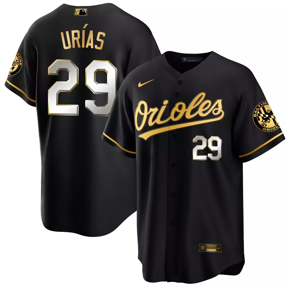 ramon uriass black limited mens baltimore orioles 2023 special gold cool jersey all stitched