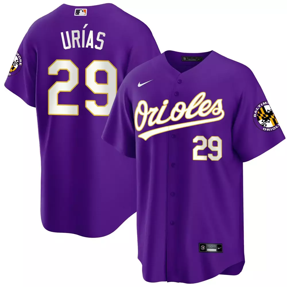 ramon uriass purple mens baltimore orioles 2023 gold cool jersey all stitched