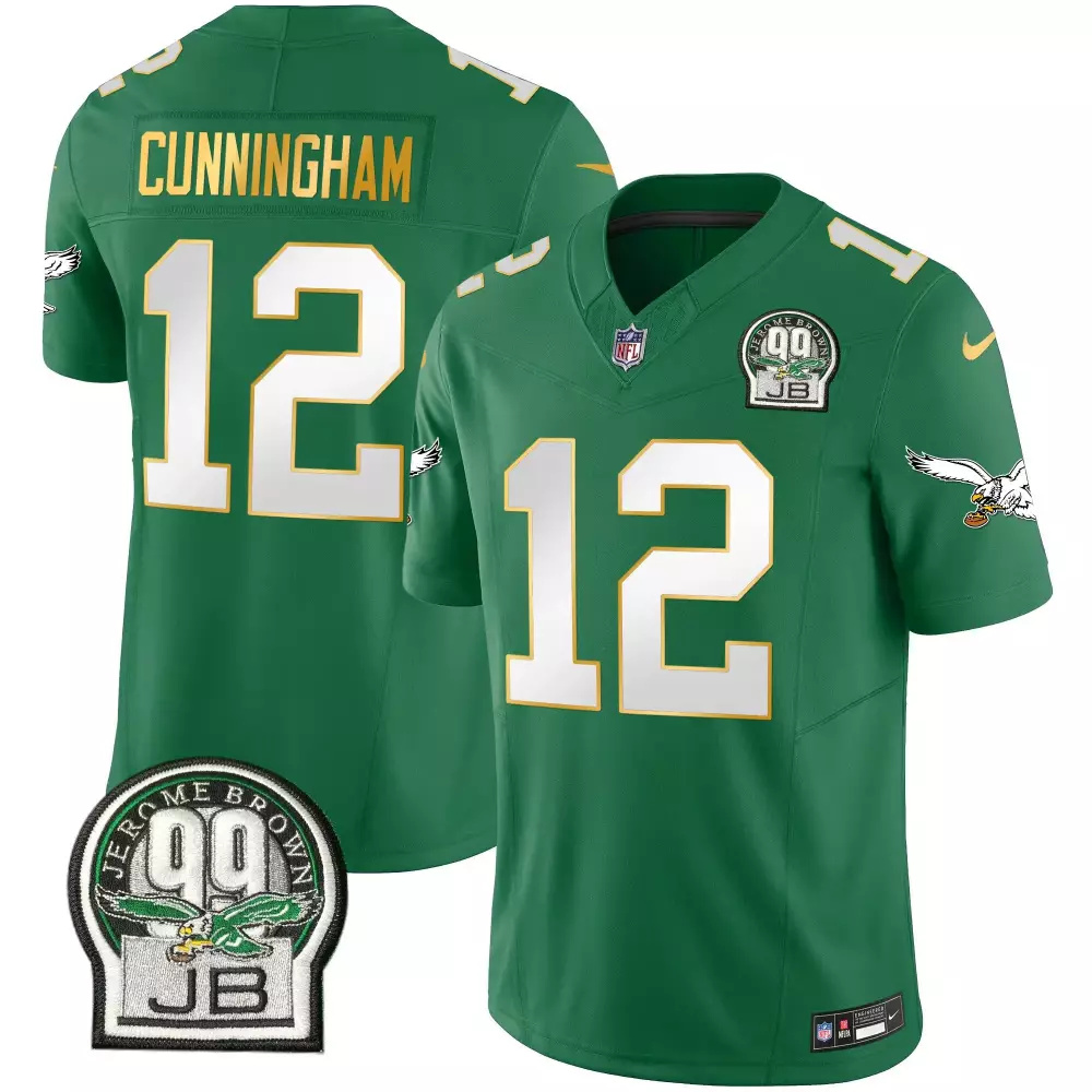 Randall Cunningham Philadelphia Eagles Jerome Brown Patch Kelly Green Gold Trim Jersey | Stitched Fan Gear for Men, Women & Youth