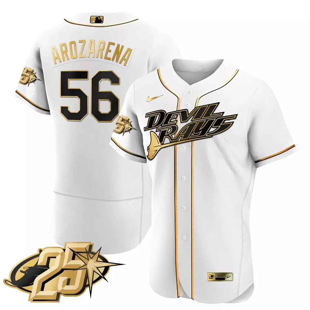 randy arozarena white gold mens tampa bay rays 25th anniversary patch flex base jersey all stitched