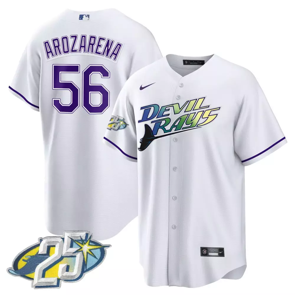 randy arozarena white gold mens tampa bay rays 25th anniversary patch flex base jersey all stitched