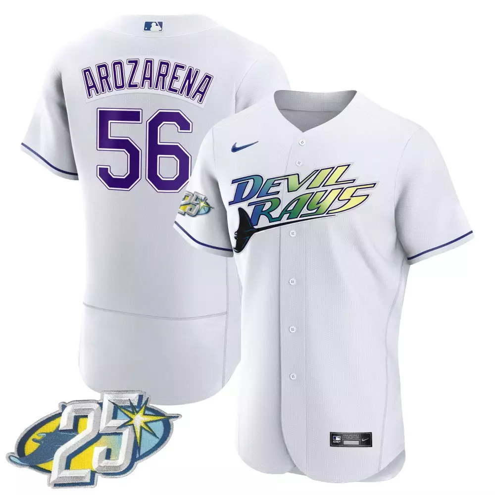 randy arozarena white gold mens tampa bay rays 25th anniversary patch flex base jersey all stitched