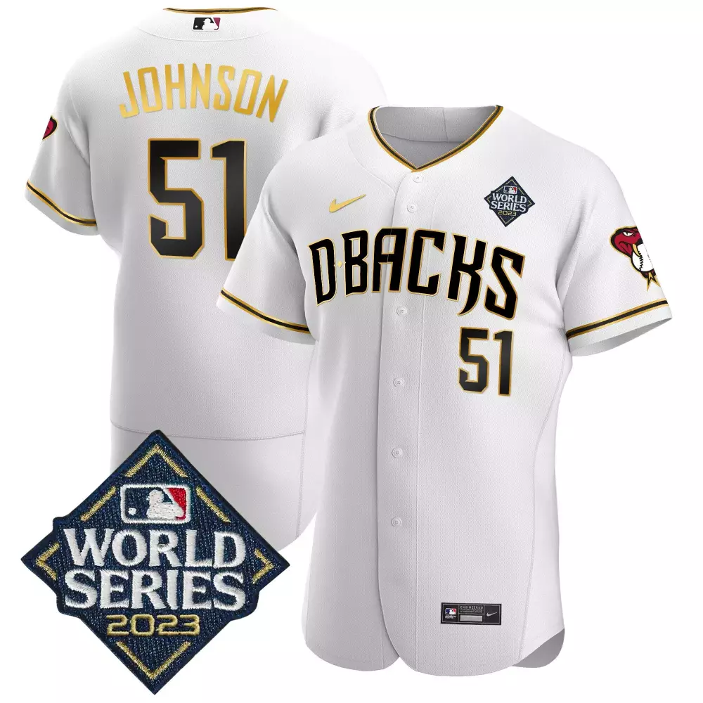 randy johnson white gold mens arizona diamondbacks 2023 world series flex base gold jersey all stitched