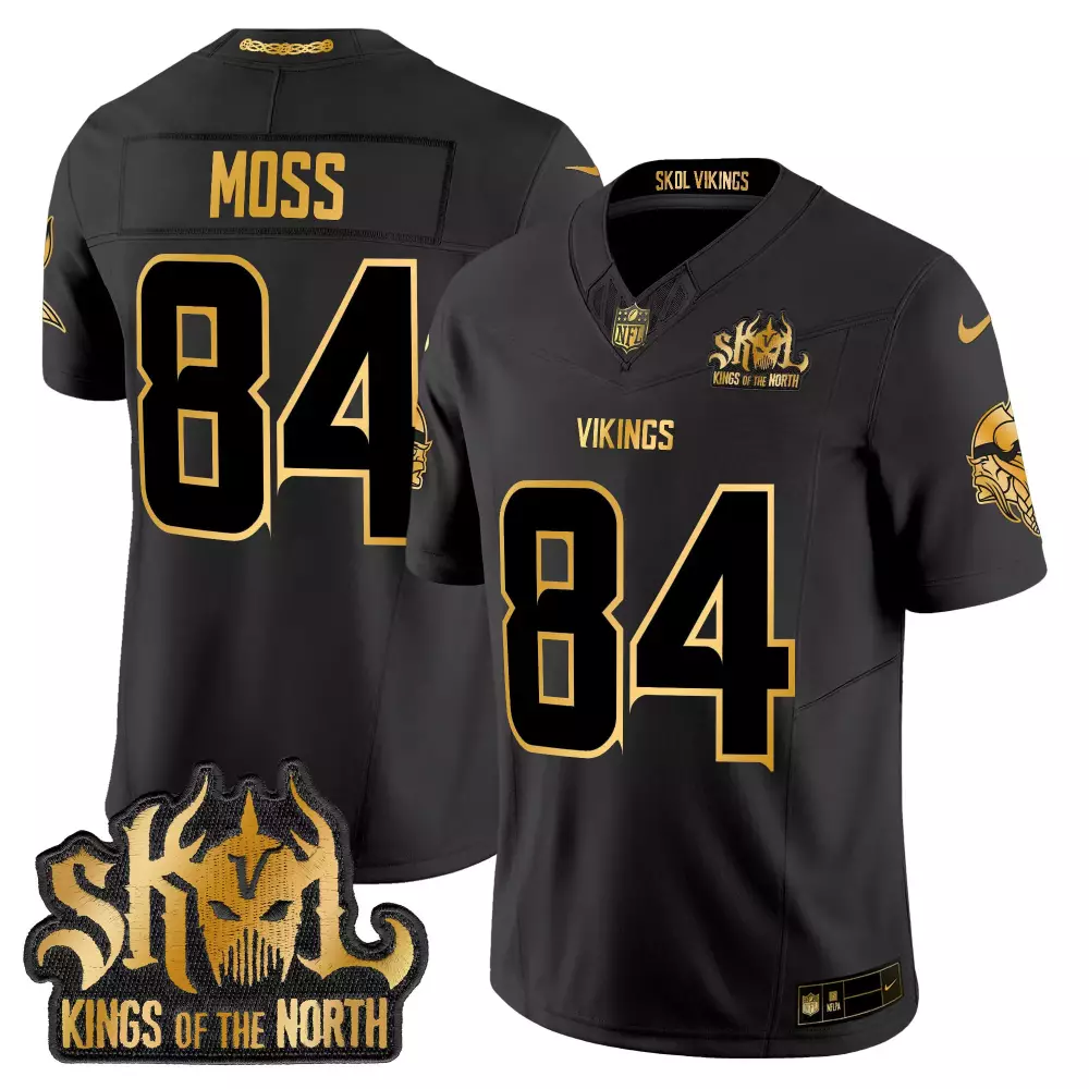 randy moss black gold mens vikings 2024 winter warrior skol patch gold vapor limited jersey all stitched