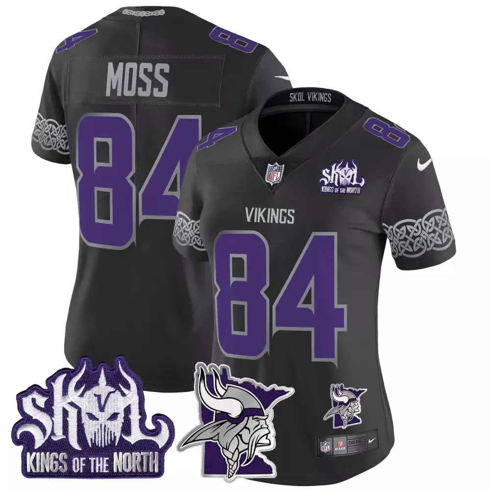 randy moss black womens vikings 2024 winter warrior skol patch vapor limited jersey v2 all stitched