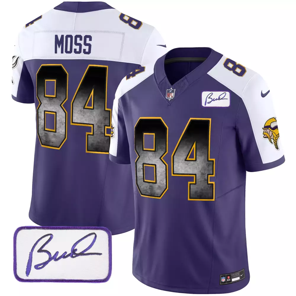 randy moss purple alternate mens minnesota vikings bud grant patch arch smoke vapor jersey all stitched