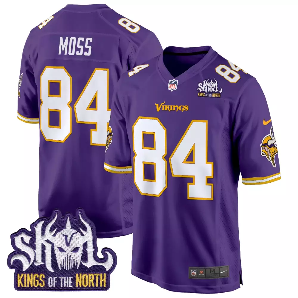 randy moss purple mens minnesota vikings king of the north patch throwback game jersey all stitched