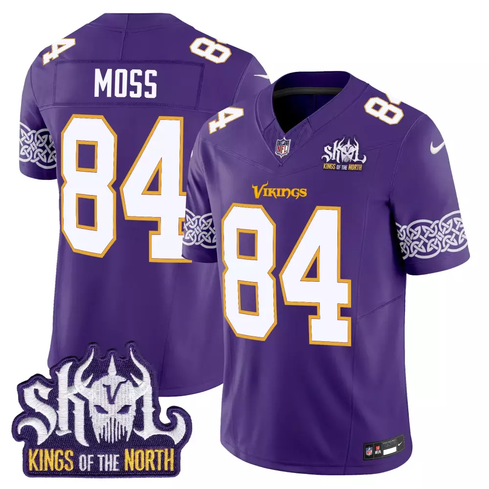 randy moss purple mens minnesota vikings king of the north patch throwback game jersey all stitched