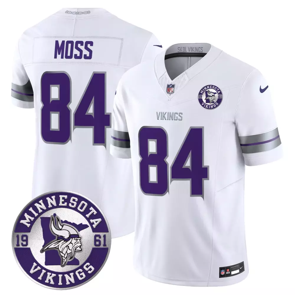 randy moss white limited womens minnesota vikings 2024 vapor limited jersey est 1961 patch all stitched