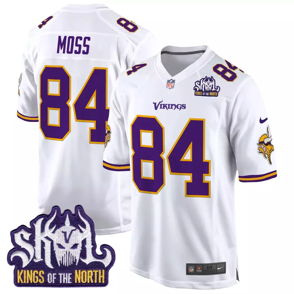 randy moss white mens minnesota vikings king of the north patch throwback game jersey all stitched